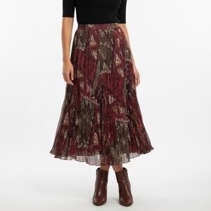 Ruby Rd Burgundy Gold Abstract Print Pleated Maxi Skirt Size 12